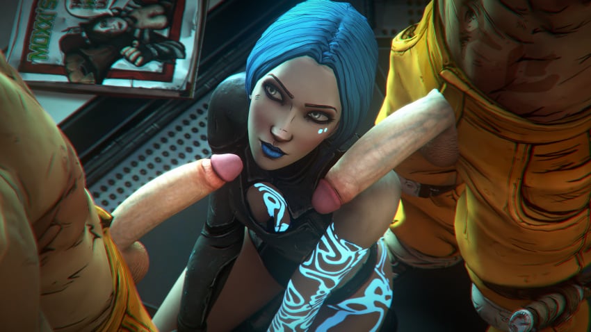 1girls 2boys 3d artist_request big_balls big_penis blue_eyes blue_hair blue_lipstick borderlands borderlands_2 borderlands_3 cleavage female foreskin grey_eyes half-dressed head_tilt imminent_oral kneeling long_penis maya_(borderlands) oral partial_male partially_clothed petite psycho_(borderlands) seductive_eyes seductive_look seductive_mouth silver_eyes skinny slim source_filmmaker tattoo tattoos