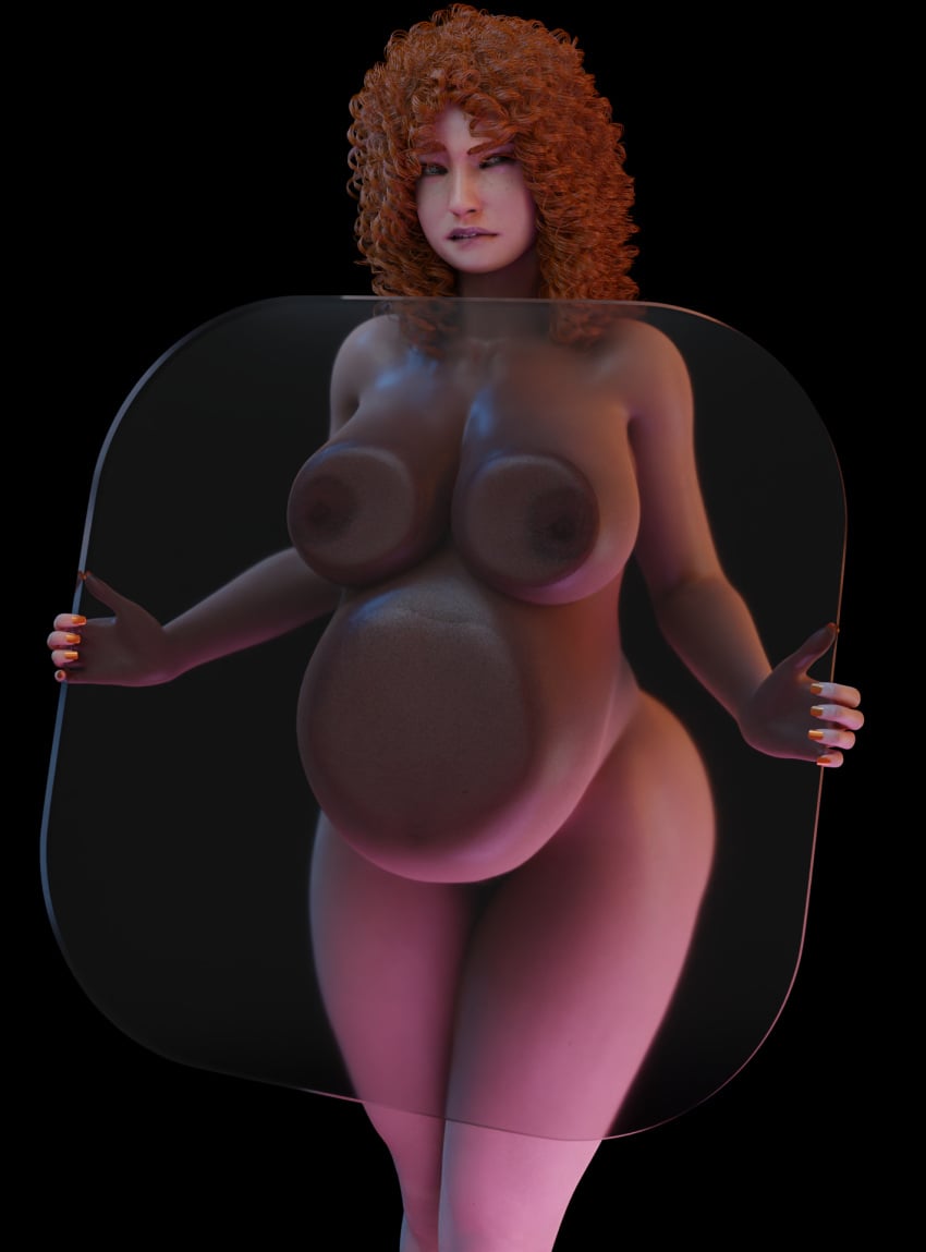 3d belly belly_against_glass belly_press bess_rodan big_breasts biting_own_lip breasts_against_glass confused_expression curly_hair female freckles_on_face ginger ginger_hair looking_away looking_away_from_viewer orange_nail_polish ovinaxu pregnant pregnant_belly pregnant_female pressed_on_glass red_hair solo solo_female