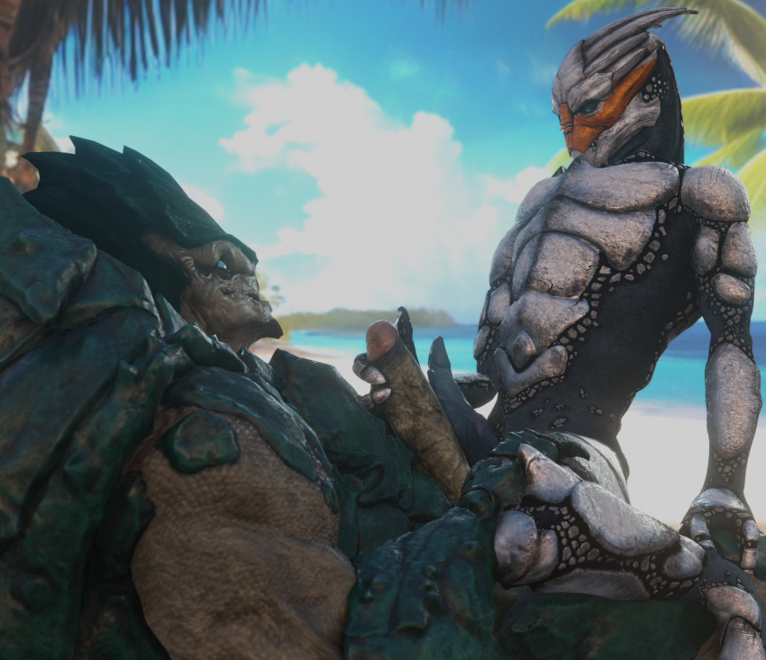 3d 3d_(artwork) alien beach big_penis bodily_fluids digital_media_(artwork) duo erection foreskin frottage gay gay_male genital_fluids genitals handjob hi_res huge_cock humanoid_genitalia humanoid_penis krogan male male/male mass_effect muscular muscular_male not_furry nude outside palm_tree penile penis plant precum precum_string retracted_foreskin rooking sand sea seaside sex sitting_on_another sky smile thick_penis tree turian water