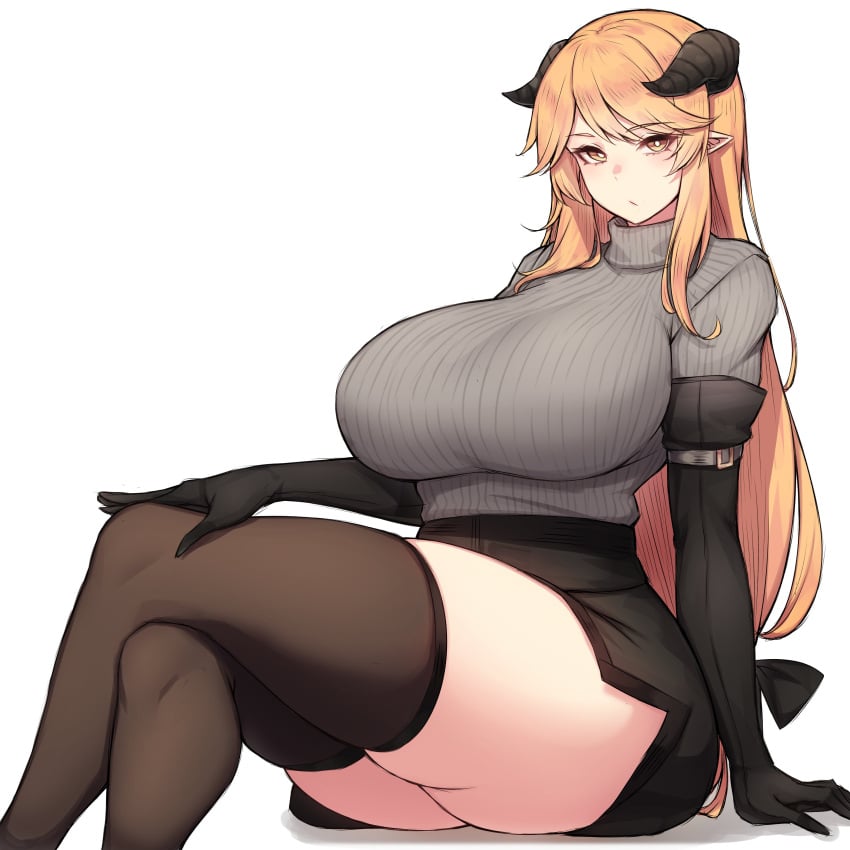 1girls arknights arm_support big_breasts big_thighs blonde_hair blush breasts busty clothed clothed_female crossed_legs curvaceous curvy dem_legs demon_girl demon_horns enormous_breasts enormous_thighs female female_only giant_breasts gigantic_breasts gloves hair_ribbon hand_on_knee hand_on_own_knee hips horns huge_breasts huge_thighs hyper_breasts hyper_thighs large_breasts large_thighs legs legs_crossed light-skinned_female light_skin long_hair looking_at_viewer low-tied_long_hair massive_breasts massive_thighs meteorite_(arknights) pointy_ears posing ribbon rikuguma seductive seductive_look seductive_pose simple_background sitting skirt solo solo_female sweater tagme thick_legs thick_thighs thighs thunder_thighs tight_clothing turtleneck turtleneck_sweater very_long_hair voluptuous waist wasp_waist white_background wide_hips wide_thighs yellow_eyes