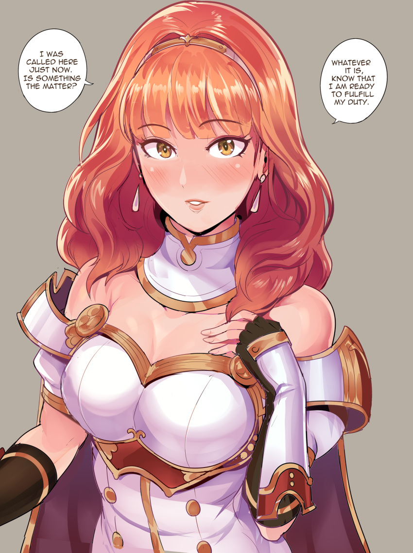 1girls breasts celica_(fire_emblem) clothed_female english_text female female_only fire_emblem fire_emblem_echoes:_shadows_of_valentia fire_emblem_engage fully_clothed highres huge_breasts light-skinned_female light_skin long_hair nintendo orange_hair revolverwingstudios simple_background smile solo text