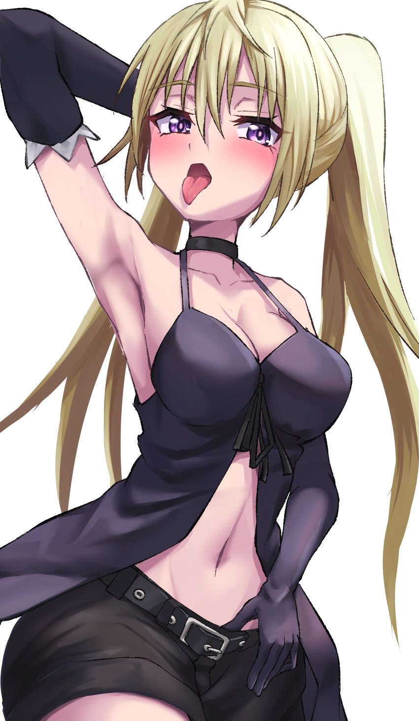 1girls arm_behind_head arm_up armpits ars_rg0412 bare_shoulders belt big_breasts black_belt black_choker black_dress black_gloves black_shorts blonde_hair blush breasts busty choker cleavage collarbone commentary cowboy_shot dress elbow_gloves female female_only gloves groin hair_between_eyes highres large_breasts lieselotte_sherlock long_hair looking_at_viewer naughty_face navel open_mouth pose posing purple_eyes sensual short_shorts shorts sidelocks simple_background sleeveless sleeveless_dress solo standing stomach tongue tongue_out trinity_seven twintails voluptuous white_background