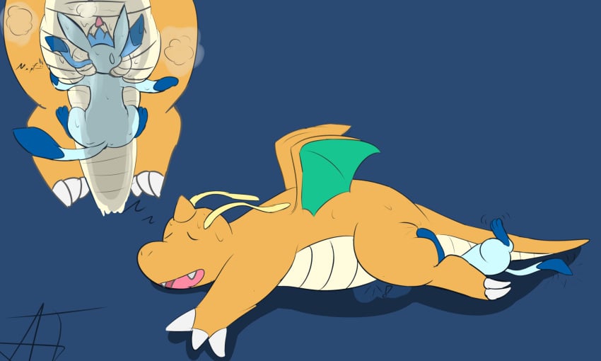 afraidpichu bodily_fluids dragonite eeveelution facesitting generation_1_pokemon generation_4_pokemon glaceon hi_res laying_on_top lying male musk musk_clouds nintendo pokemon pokemon_(species) sitting_on_another sweat