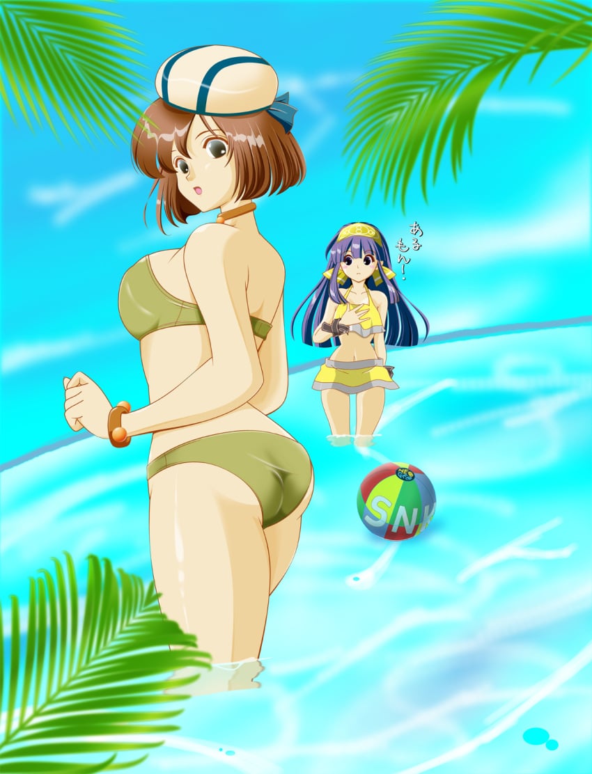 2girls ainu_clothes asamiya_rin ass ball beach beachball big_ass big_breasts bikini blue_eyes breasts brown_eyes brown_hair busty female female_only fingerless_gloves gloves green_bikini hair_ribbon highres large_breasts legs long_hair looking_at_viewer looking_back manari multiple_girls nakoruru navel ocean purple_hair ribbon samurai_shodown sideboob small_breasts snk swimsuit thighs water yellow_bikini