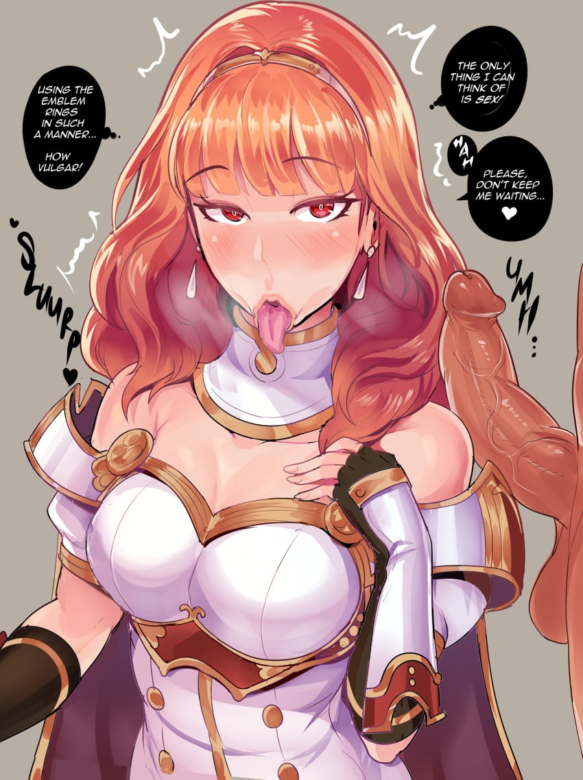 1boy 1girls :>= alternate_eye_color breasts celica_(fire_emblem) clothed_female cock_hungry corruption eye_color_change female fire_emblem fire_emblem_echoes:_shadows_of_valentia fire_emblem_engage highres horny huge_breasts imminent_fellatio imminent_oral imminent_sex light-skinned_female light_skin long_hair male mind_control naughty_face nintendo orange_hair penis penis_awe red_eyes revolverwingstudios simple_background smile text tongue tongue_out uncensored