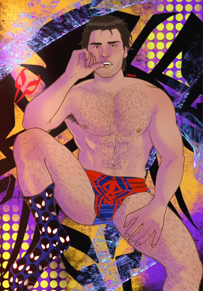 biceps briefs bulge fangs flaccid hairy_chest hispanic hispanic_male latino looking_at_viewer male male_only marvel miguel_o'hara muscles muscular muscular_male pecs roasif shirtless_male sitting solo solo_male spider-man spread_legs thick_thighs underwear underwear_only