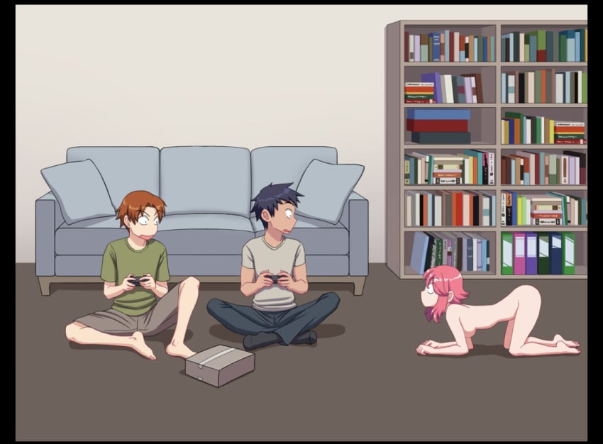 1girls 2boys all_fours awkward awkward_situation barefoot breasts completely_nude completely_nude_female embarrassed embarrassed_nude_female enf erahunter female full_body game_cg gaming male naked naked_adventure naked_female nika_(naked_adventure) nude nude_female pink_hair short_hair sitting