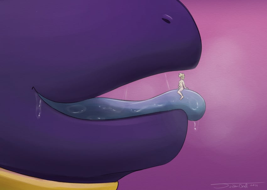 2021 blonde_hair blue_tongue blush bodily_fluids drooling erection generation_2_pokemon genitals hair hi_res human male mammal mouth_shot nintendo on_tongue open_mouth penis pink_background pokemon pokemon_(species) purple_body quagsire saliva saliva_on_tongue saliva_string simple_background suddendraft tongue