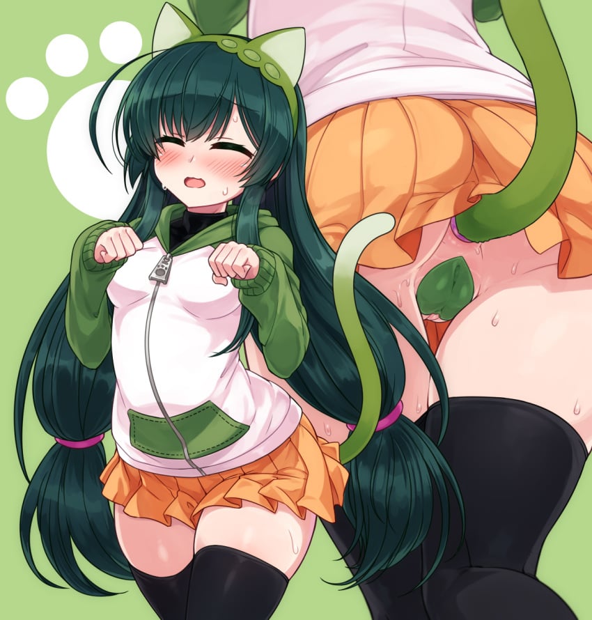 1girls anal anal_insertion anal_object_insertion anal_only anal_only_maebari anal_tail animal_ears black_thighhighs cameltoe cat_ears cat_tail clitoris_slip fake_animal_ears fake_tail female female_only green_hair highres hood hooded_jacket jacket long_hair long_sleeves maebari miniskirt null_(nyanpyoun) object_insertion orange_skirt partially_visible_vulva paw_pose pleated_skirt sex_toy skindentation skirt solo tail thighhighs touhoku_zunko voiceroid young zettai_ryouiki