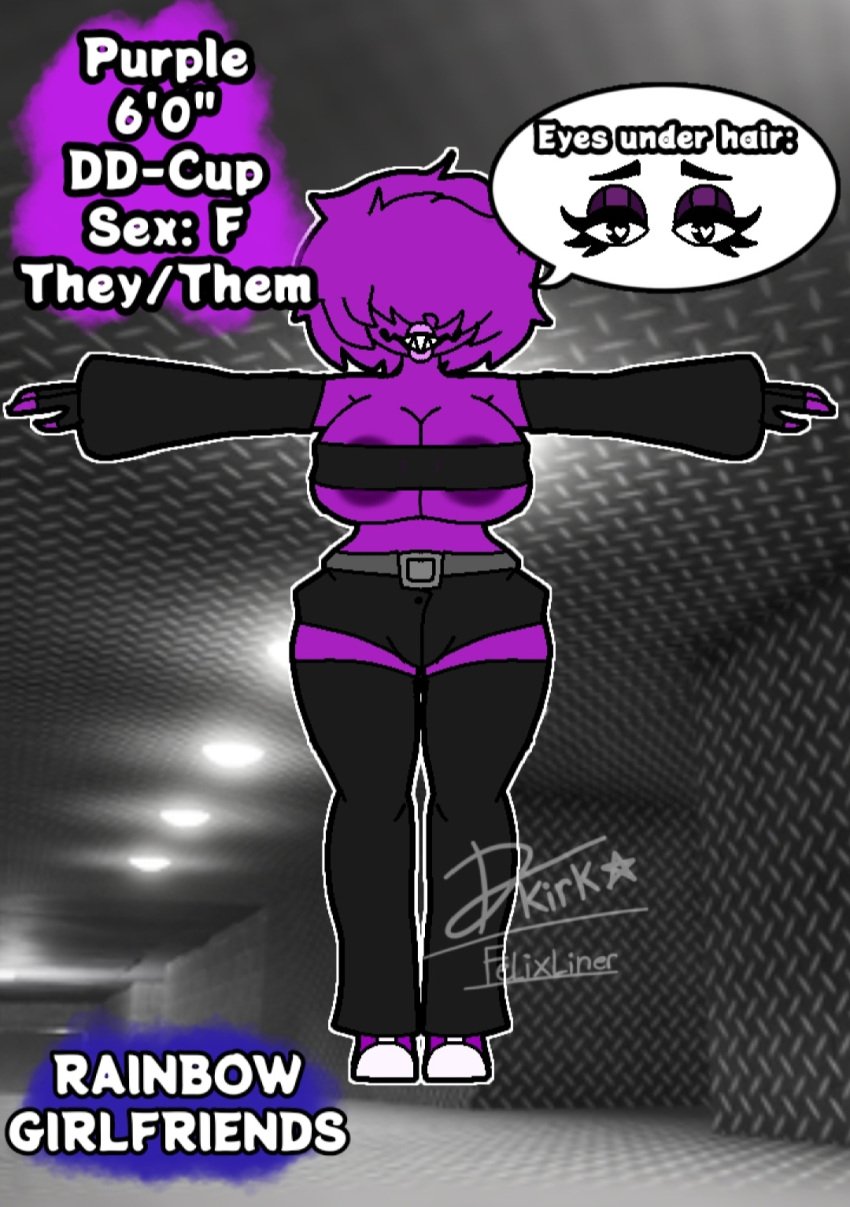 beltbra boobs breasts e-cup_breasts felixliner purple_(rainbow_friends) purple_eyes purple_hair purple_skin rainbow_friends rainbow_girlfriends roblox roblox_game source_request tagme