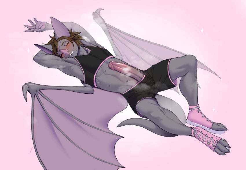 anthro bat bat_nose bat_wings big_ears big_penis blush bottomwear brown_hair bulge clothing crop_top erection fangs footwear fur genitals girly grey_body grey_fur gym_bottomwear gym_clothing gym_shorts hair hi_res humanoid_genitalia humanoid_penis indigochto lying male male_only mammal membrane_(anatomy) membranous_wings nacho_(feril) on_back penis shirt shoes shorts solo solo_male teeth toeless_footwear toeless_shoes topwear wings