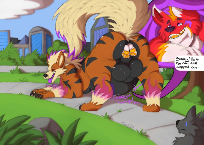 anal anal_vore animal_genitalia anthro anthro_on_feral anus arcanine ass ass_up awkward balls big_butt bodily_fluids canid canine canis city city_background dialogue duo feral fox fully_sheathed fyre_(fyrefirefox) generation_1_pokemon genitals glowing glowing_body glowing_markings head_first hi_res internal looking_pleasured male male/male male_pred male_prey mammal markings multicolored_body nintendo outside park pokemon pokemon_(species) presenting presenting_hindquarters raised_tail rear_view sheath sillywerwolf size_difference slightly_chubby sound_effects striped_body stripes sweat sweatdrop sweaty_balls sweaty_butt sweaty_genitalia tail tongue tongue_out vore willing_pred willing_prey wolf zoophilia