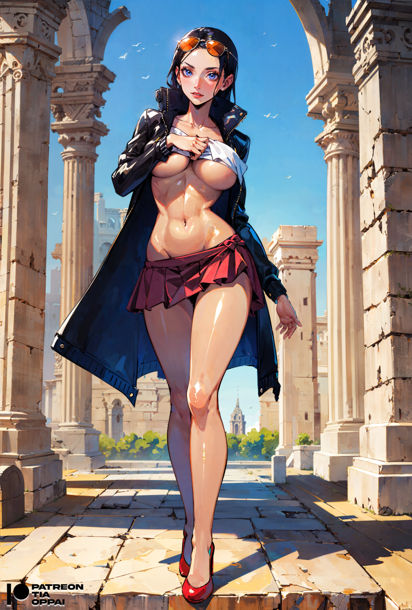 1girls abs ai_generated bird black_coat black_hair blue_eyes breasts building curvy_female day daytime es_on_head eyewear_on_head facing_viewer female female_only full_body jacket long_hair looking_at_viewer lowleg_skirt makeup microskirt navel nico_robin no_bra no_socks one_piece open_clothes open_coat open_jacket outdoors parted_lips pleated_skirt post-timeskip pumps red_footwear red_skirt revealing_clothes ruins shiny shiny_skin shirt_lift shoes skirt solo standing stone_wall sunglass sunglasses tiaoppai toned toned_female underboob wall