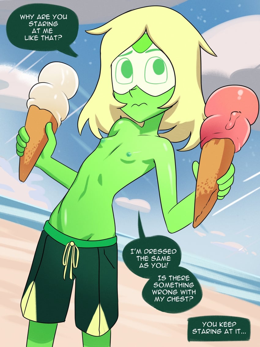 athletic_female beach cartoon_network casual_topless cute flat_chest gem_(species) graves_(artist) green_eyes green_skin ice_cream male_swimwear_challenge nipples partially_clothed peridot_(steven_universe) short_hair skinny steven_universe topless uncomfortable