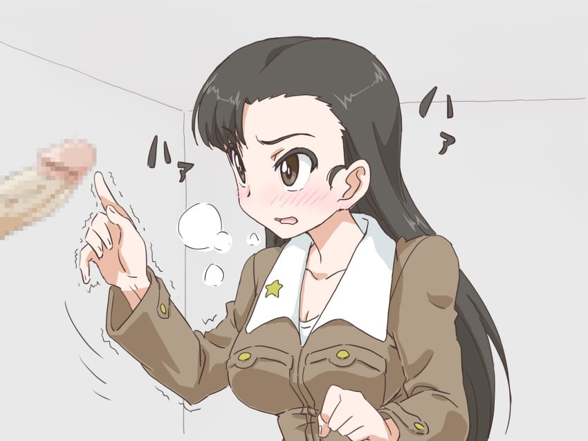 black_hair breasts camekirin censored censored_penis eyebrows_visible_through_hair girls_und_panzer long_hair looking_at_penis medium_breasts mosaic_censoring nishi_kinuyo open_mouth