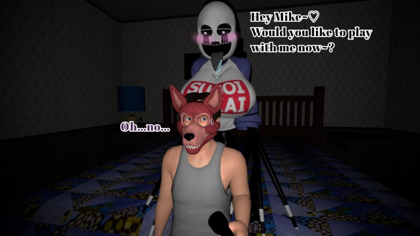 3d 3d_(artwork) big_woman five_nights_at_freddy's five_nights_at_freddy's_4 flashlight fox_mask male marimike marionette_(fnaf) michael_afton nightmarionne oh_no puppet_(fnaf) rule_63 source_filmmaker sugoi_dekai text yuuki_momofox