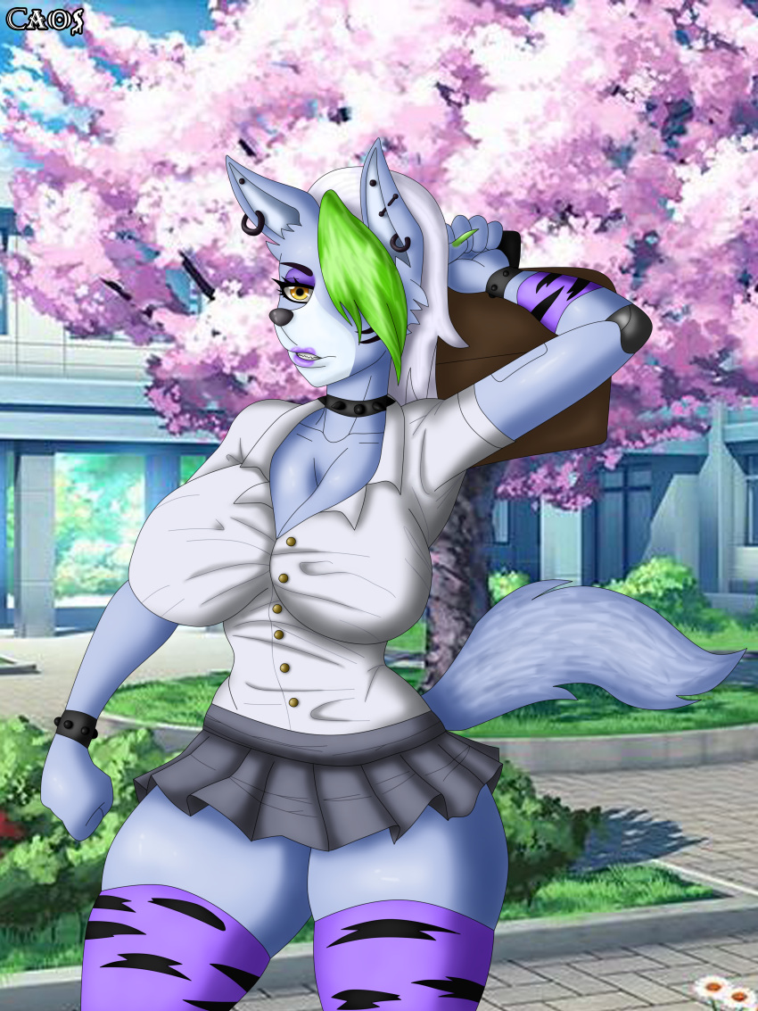 1girls anthro armpits big_ass big_boobs big_breasts big_butt blue_body caosenriqueart female five_nights_at_freddy's five_nights_at_freddy's:_security_breach fnaf furry orange_eye roxanne_wolf_(fnaf) school_uniform schoolgirl solo white_hair