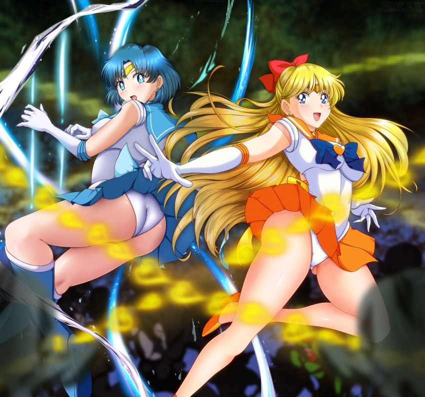 2girls ami_mizuno ass bishoujo_senshi_sailor_moon blonde_hair blue_hair bow clothing female_focus long_hair m.i.y minako_aino miniskirt multiple_girls panties sailor_mercury sailor_venus short_hair skirt small_breasts