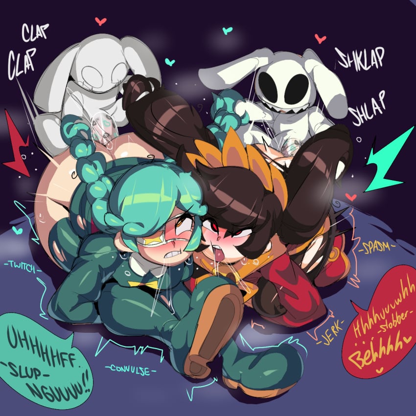 2boys 2girls ahe_gao annie_(skullgirls) ashley_(warioware) black_hair bunny captain_kirb crossover doll from_behind green_hair kiss_mark kiss_mark_on_penis lipstick_mark lipstick_on_penis mario_(series) monster_cock multiple_girls rainbow_party rape red_eyes sagan_(skullgirls) skullgirls sloppy speech_bubble warioware yellow_eyes