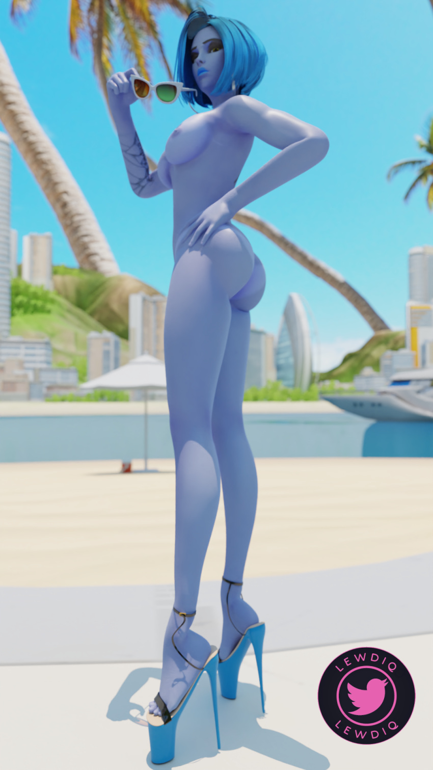 3d beach blue_hair blue_skin breasts discko_widowmaker earrings female high_heels hoop_earrings hoop_earrings_oversized legs lewdiq looking_at_viewer looking_back looking_back_at_viewer looking_down naked_footwear naked_heels nude nude_female ocean open_toe_shoes overwatch overwatch_2 sand sunglasses sunglasses_removed sunny tagme tanline tanlines tattoo widowmaker