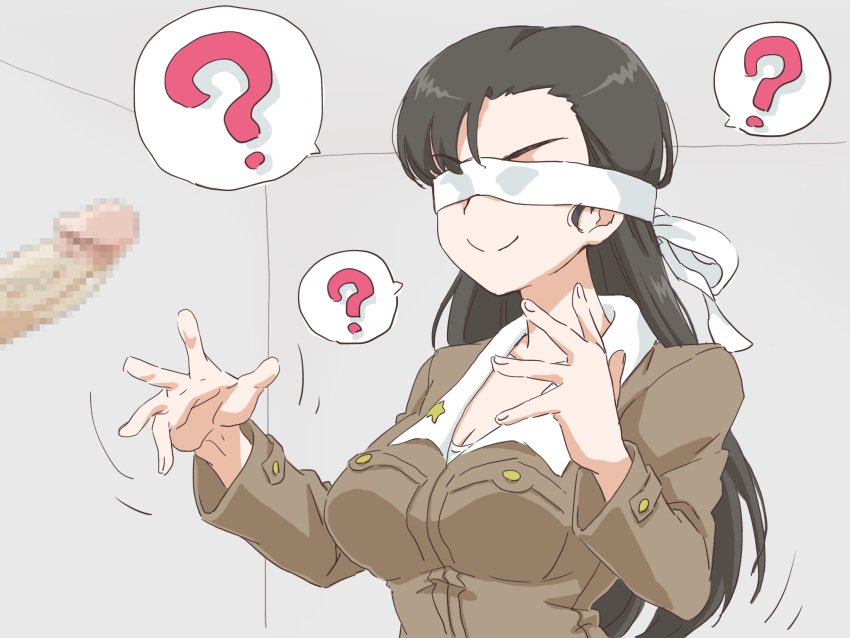 black_hair blindfold breasts camekirin censored censored_penis eyebrows_visible_through_hair girls_und_panzer long_hair medium_breasts mosaic_censoring nishi_kinuyo speech_bubble