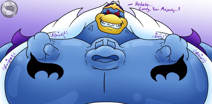 2boys big_chest big_pecs buff chest_bulge huge_chest huge_pecs king_dedede male/male male_only muscular muscular_male non-human penguin possession red_eyes squirming starlightdragon64 struggle trapped