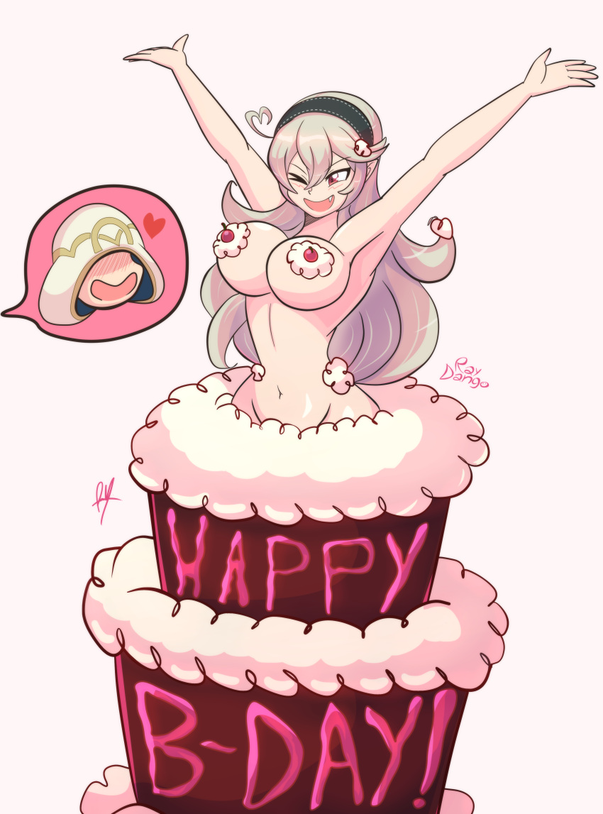 1girls ;d absurd_res absurdres artist_name birthday birthday_cake blonde_hair cake coming_out_of_cake corrin_(fire_emblem) corrin_(fire_emblem)_(female) female female_focus fire_emblem fire_emblem_fates fire_emblem_heroes food_censorship gift hair_ornament hairband heart hi_res highres kiran_(fire_emblem) large_breasts long_hair nintendo nude nude_female oerba_yun_fang one_eye_closed open_mouth presenting raydango red_eyes smile suprised watermark wink