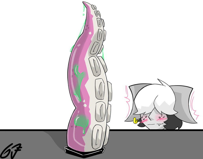 anticipation black_hair blush casey_(gr8p_ju1ce) earrings femboy freckles gr8p_ju1ce grapejuicerulez looking_at_dildo male male_focus motion_lines multicolored_hair signature slimy solo_focus tentacle_dildo white_hair