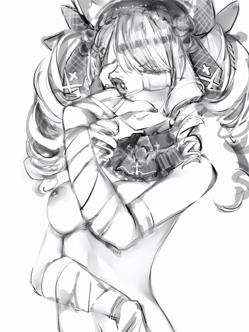 2021 bandaged_arm bandages blush bow breasts chuunibyou closed_mouth drill_hair eyepatch female fingernails first_porn_of_character flower greyscale hair_flower hair_ornament hairbow hand_over_eye hand_over_face hi_res hololive long_hair looking_at_viewer medical_eyepatch medium_breasts monochrome nanashi_(nlo) nipples rose simple_background smile solo twin_drills unused_hololive_vtuber_(parsley-f) virtual_youtuber white_background