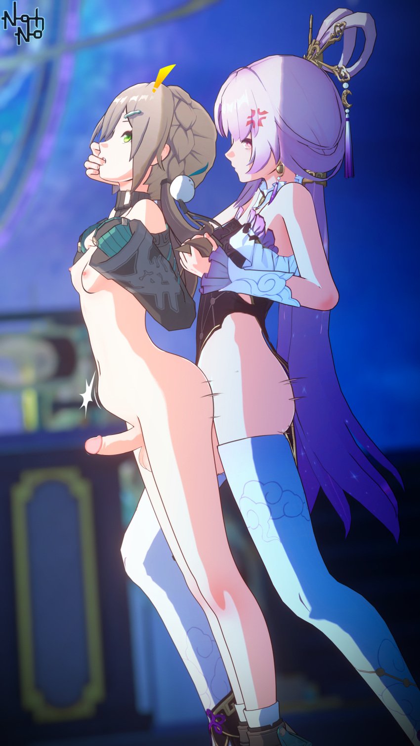 2futas 3d blender_(software) breasts bulging_stomach dickgirl finger_in_another's_mouth fu_xuan_(honkai:_star_rail) futa_only futanari hair_tugging honkai:_star_rail honkai_(series) hoyoverse light-skinned_futanari light_skin mihoyo nohno qingque_(honkai:_star_rail) sex sex_from_behind small_breasts stomach_bulge taken_from_behind twintails