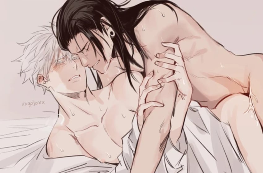 2023 albino bed black_hair black_hair_male blush blushing closed_eyes cum cum_on_thighs earring gay gay_male gay_sex gripping_arm hair hand_on_thigh heavy_breathing jujutsu_kaisen long_hair long_hair_male looking_pleasured male/male male_penetrating_male penetration satoru_gojo scrunched_face sex_from_behind sex_on_bed short_hair short_hair_male soojaeng suguru_geto sweat sweatdrop sweating sweaty_body watermark white_hair white_hair_male