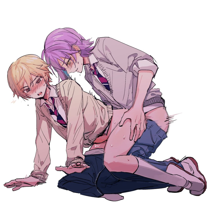 2boys anal anal_sex blonde_hair blush brown_eyes clothed clothed_sex doggy_style doggy_style_position femboy feminine_male gay grabbing_ass hair_streak kamishiro_rui male/male male_only motion_lines project_sekai purple_hair school_uniform sweat tenma_tsukasa yaoi yellow_eyes yellow_hair