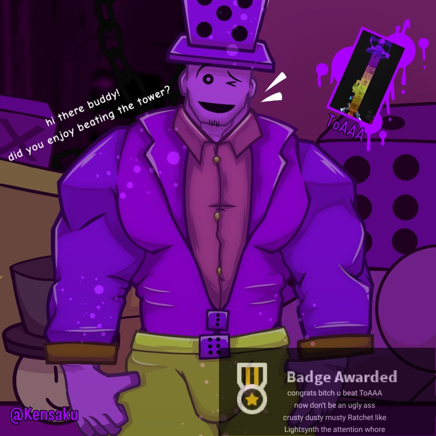 1boy bara bara_tiddies chin_pubes clothing dice facial_hair fully_clothed gay happy juke's_towers_of_hell kendrick_nsfw kensaku_(artist) kyoitekina looking_at_viewer male male_only muscles muscular_male pants pov purple_body purple_skin roblox roblox_game robloxian shirt solo solo_focus suit talking_to_viewer toaaa_(jtoh) tophat towerhuman_(jtoh)