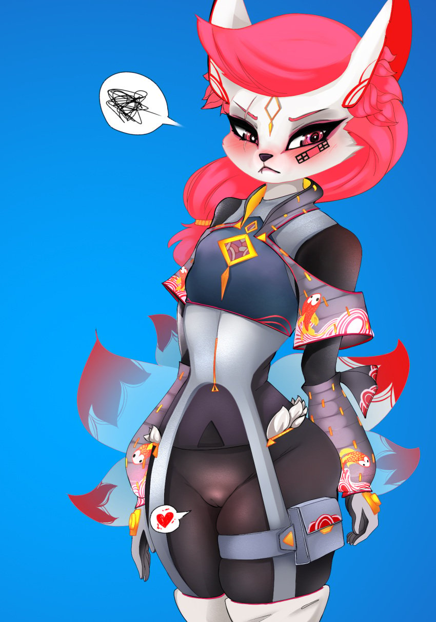 5_tails accessory annoyed anthro ashley_cherringham_(artist) blush camel_toe canid canine clothed clothing epic_games female fortnite fox frown fully_clothed fur half_body hi_res in_heat kimiko_(fortnite) mammal multi_tail simple_background solo standing tail thought_bubble upset white_body white_fur