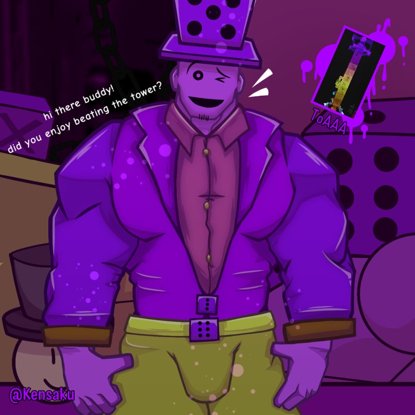 1boy bara bara_tiddies chin_pubes clothing dice facial_hair fully_clothed gay happy juke's_towers_of_hell kendrick_nsfw kensaku_(artist) kyoitekina looking_at_viewer male male_only muscles muscular_male one_eye_closed pants pov purple_body purple_skin roblox roblox_game robloxian shirt solo suit talking_to_viewer toaaa_(jtoh) tophat towerhuman_(jtoh)