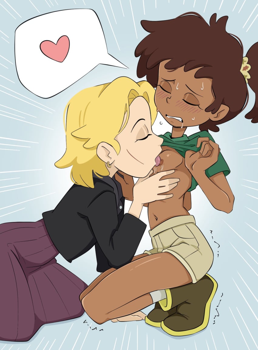 2girls amphibia amphibia_(finale) anne_boonchuy blonde_hair blush_lines brown_hair chocolate_and_vanilla closed_eyes clothed_female dark-skinned_female dark_nipples disney disney_channel earrings female female_only heart interracial_yuri licking_nipples lifting_shirt light-skinned_female multiple_girls ponytail sasha_waybright scar small_breasts sweatdrop thrumbo yuri