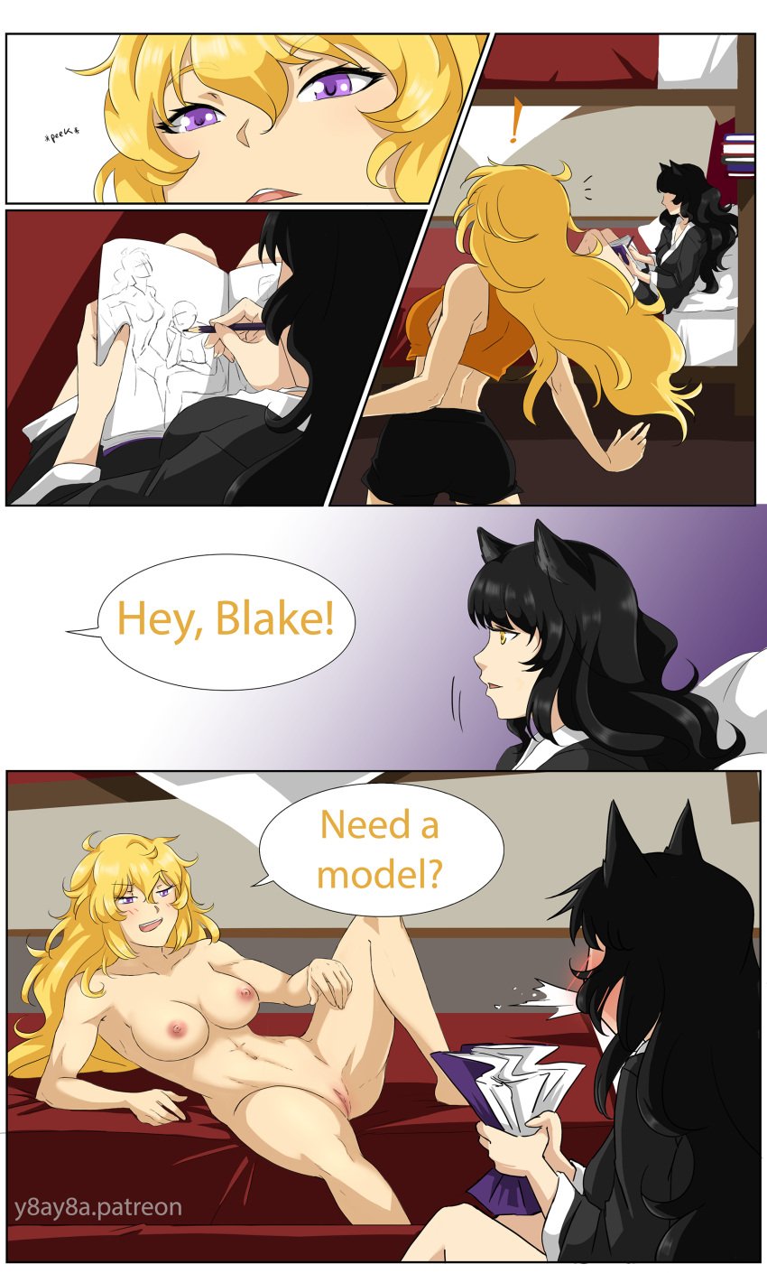 2girls ahoge big_breasts black_hair blake_belladonna blonde_hair blush blush_lines breasts bunk_bed canon_couple cat_ears catgirl clothed_female_nude_female color completely_nude completely_nude_female digital_drawing_(artwork) drawing faunus fully_nude gold_eyes kemonomimi lavender_eyes modeling multiple_girls nightgown nude_female on_bed orange_tank_top pajamas patreon_username pussy rooster_teeth rwby shaved_pussy shorts sketching tagme toned toned_female y8ay8a yang_xiao_long yaya_(y8ay8a)