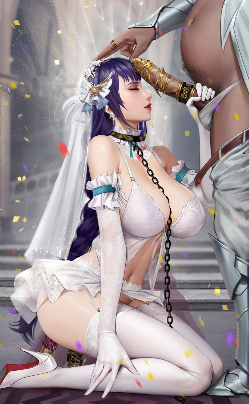 big_breasts big_penis closed_eyes collar dark-skinned_male genshin_impact goatwillow hand_on_penis light-skinned_female light_skin liu_meixing_(artist) long_hair partial_male purple_hair raiden_shogun shoes tagme vibrator_in_ass vibrator_in_pussy wedding_gloves wedding_veil