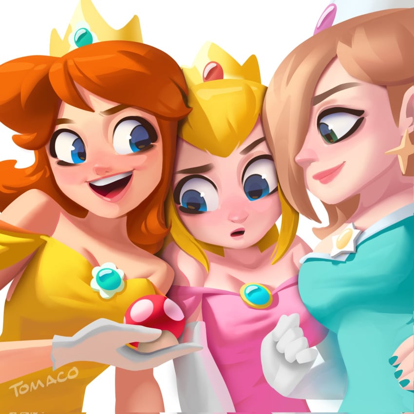 3girls bent_wrist blonde_hair blue_eyes breasts brown_hair clothing cute female female_only green_eyes lipstick mario_(series) multiple_girls mushroom nintendo open_mouth princess_daisy princess_peach princess_rosalina super_mario_bros. tomaco_sunderland