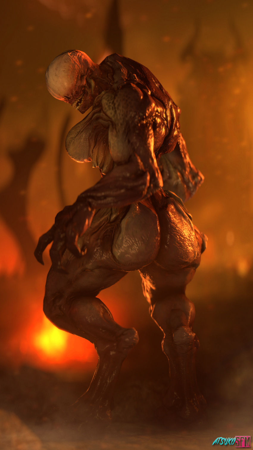 1girls 3d 3d_(artwork) atsuko_(artist) atsukosfm_(artist) big_ass big_breasts claws demon demon_girl digital_media_(artwork) doom eyeless featureless_breasts female hell_knight_(doom) id_software looking_at_viewer looking_back monster monster_girl muscular muscular_female nightmare_waifu showing_ass solo source_filmmaker teeth