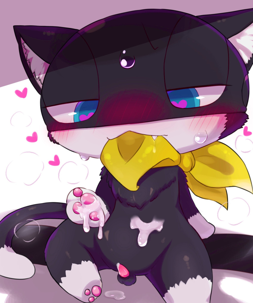 <3_eyes after_orgasm afterglow anthro atlus badwingm black_body black_fur blue_eyes blush bodily_fluids chest_tuft chibi cum cum_on_belly cum_on_body cum_on_hand cum_on_self dipstick_limbs dipstick_tail domestic_cat excessive_cum excessive_genital_fluids felid feline felis fur genital_fluids genitals heart hi_res inner_ear_fluff kerchief kerchief_only long_tail male male_only mammal markings mask megami_tensei megami_tensei_persona morgana_(persona) mostly_nude pawpads penis scarf scarf_in_mouth scarf_only sega small_penis solo sweat tail tail_markings teeth tuft tuxedo_cat