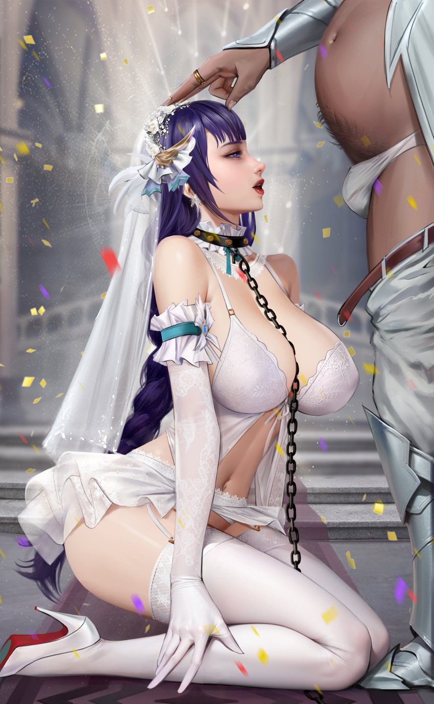 big_breasts collar dark-skinned_male genshin_impact goatwillow light-skinned_female light_skin liu_meixing_(artist) long_hair open_mouth partial_male purple_hair raiden_shogun shoes tagme wedding_gloves wedding_veil