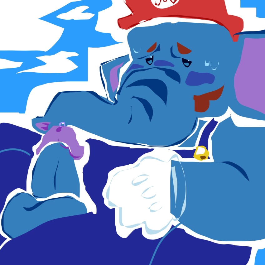 1boy anthro balls ballsack blue_eyes blue_overalls blue_skin blush buttons clothed clothing elephant elephant_fruit elephant_mario elephantid erection facial_hair first_porn_of_character gloves gold_buttons handwear heat hi_res in_heat male male_only mammal mario mario_(series) mustache nintendo overalls overweight overweight_male partially_clothed penis penis_out precum proboscidean red_hair scrotum smooth_penis solo stressed super_mario_bros._wonder sweat testicles that_was_fast toony white_gloves white_outline woterworld