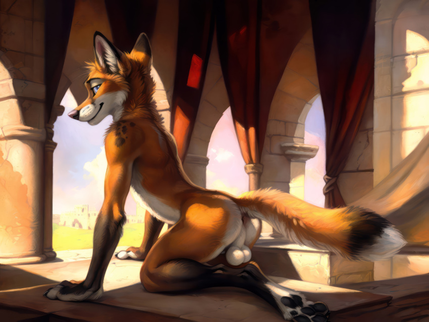 absurd_res ai_generated anthro anus ass backsack balls canid canine canis detailed_background fox foxboy_(director) fur furry genitals hi_res inviting inviting_to_sex male mammal naked nude orange_body orange_fur paws perineum seductive seductive_look seductive_smile smile smirk solo stable_diffusion tagme tail taint