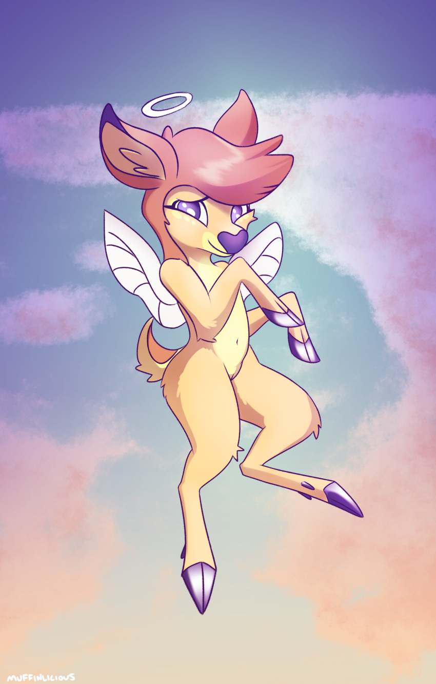 absurd_res angel belly brown_body brown_hair cloud deer deerie_(helluva_boss) digitigrade female flying fur genitals hair helluva_boss hi_res hooves mammal muffinlicious navel nude purple_eyes pussy semi-anthro sky solo solo_focus wings