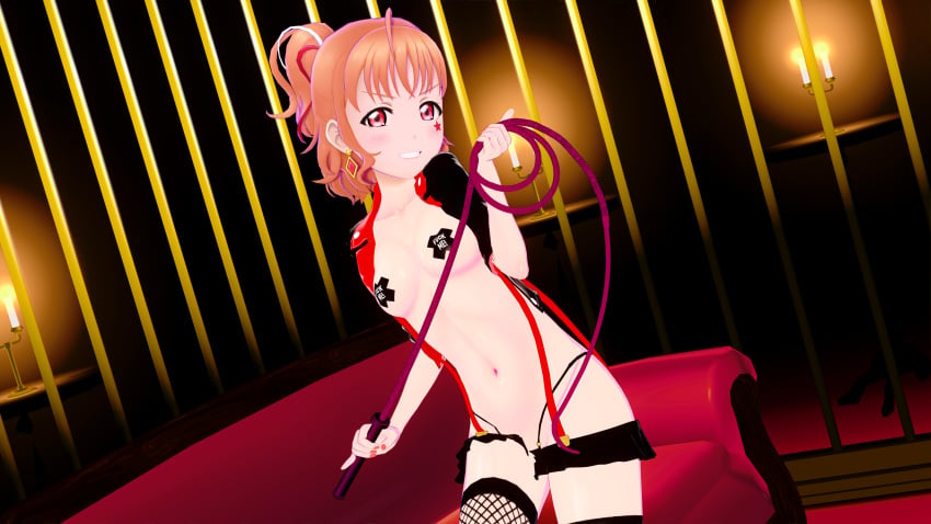 1girls ahoge angry_face bikini_bottom black_bikini_bottom black_jacket black_microskirt black_pasties candles earrings female female_only fishnet_stockings fuck_me_pasties jail_bars koikatsu love_live! love_live!_sunshine!! microskirt orange_hair pasties red_eyes red_jacket red_suspenders side_ponytail smirking smirking_at_viewer sofa star_tattoo suspender_skirt suspenders tagme takami_chika whip