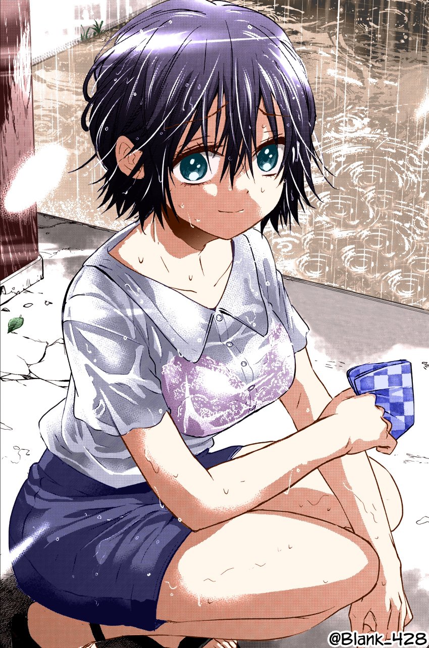 3rd_party_watermark absurdres aqua_eyes artist_name black_hair blank_428_(cvyn7278) bra colorized crack female handkerchief highres kakkou_no_iinazuke light_smile messy_hair rain raining ripples see-through see-through_shirt segawa_hiro shirt short_hair short_sleeves shorts squatting third-party_edit third-party_source underwear wet white_shirt yoshikawa_miki