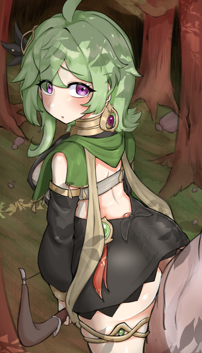 1boy 1girls ass assjob bent_over big_breasts blush buttjob clothed_sex collei_(genshin_impact) earrings embarrassed genshin_impact green_hair hahyaha hair_ornament looking_back partially_clothed purple_eyes short_hair standing thick_thighs