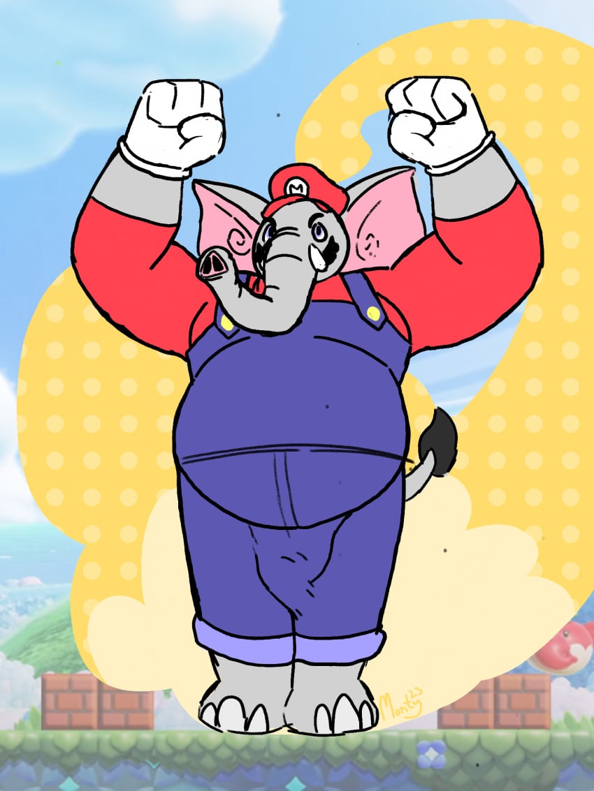 1boy anthro artist_name baron_montesque black_hair blue_eyes bulge clothed clothing clothing_bulge elephant elephant_fruit elephant_mario elephantid facial_hair flexing gloves grey_skin handwear hat headgear headwear hi_res male male_only mammal mario mario_(series) moobs mustache nintendo no_visible_genitalia overalls overweight overweight_anthro overweight_male penis_bulge proboscidean proboscis_(anatomy) shirt solo super_mario_bros._wonder tail tail_tuft toony topwear trunk_(anatomy) tuft tusks