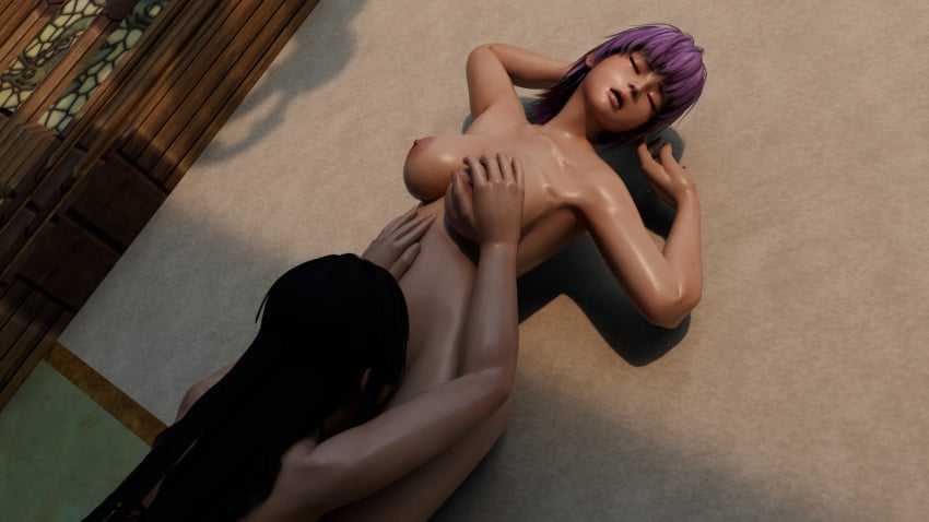 3d ayane_(doa) bikini breast_grab breasts cunnilingus dead_or_alive dead_or_alive_5 fingering fingers kissing kissing_neck kktzane massage moaning moaning_in_pleasure naked nude nyotengu orgasm orgasm_face pussy yuri